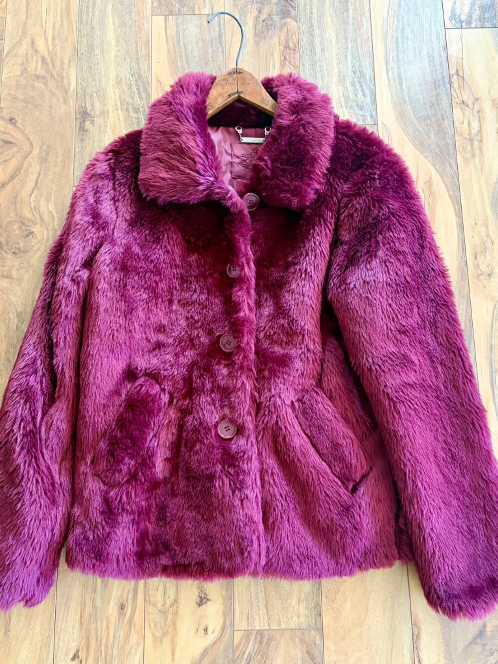Joujou Burgundy Red Faux Fur Plush Teddy Jacket Coat Size M Excellent Condition